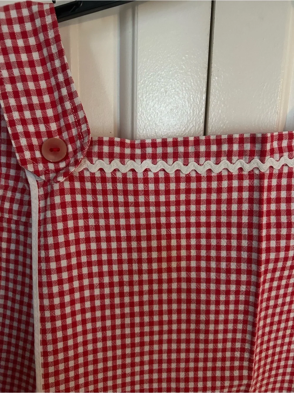 Red Gingham Checkered Apron with Pockets Button Back Closure Handmade Kitchen